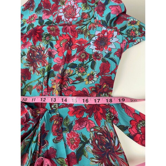Talbots Midi Dress 14 Floral Jewel Tone Teal Red Faux Wrap Side Tie Long Sleeve - Picture 13 of 16
